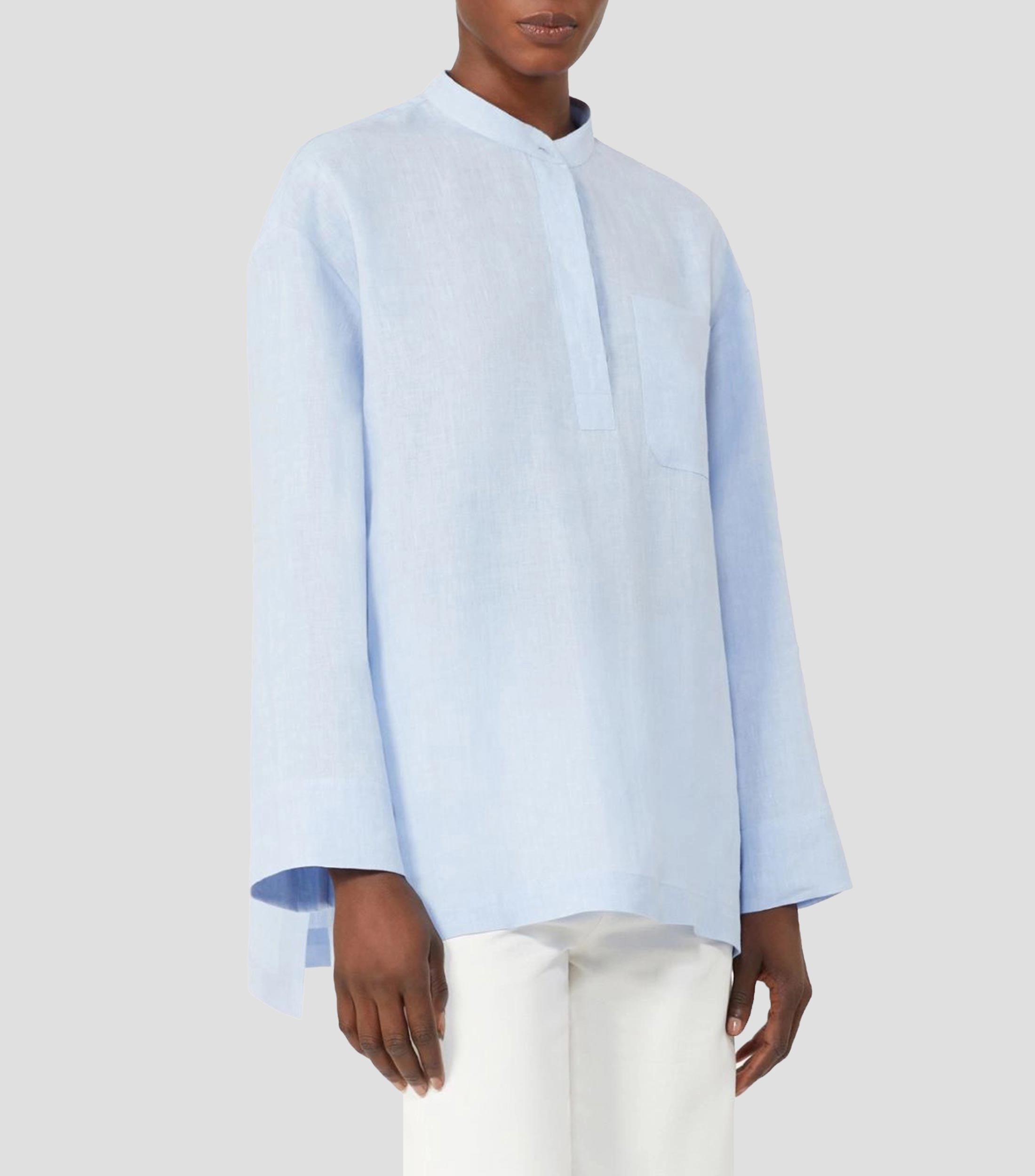 Camisa lisa de lino con cuello mao y manga larga Mujer